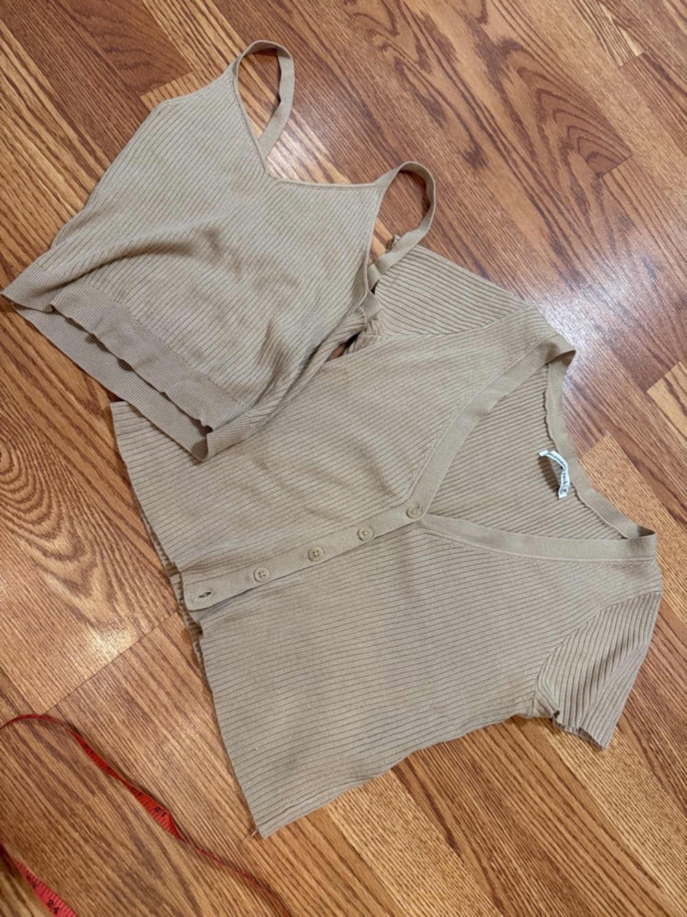 Abercrombie & Fitch, Ribbed Knit Two-Piece Tank & Cardigan Set - Beige,  medium